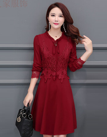 2018年春季新款中长款连衣裙简约风百搭修身女装 深红色 xxl