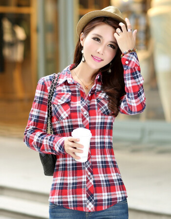 2018新款女士格子长袖薄款衬衫衣女土韩版夏天忖寸衫衬衣褂杉 红白816