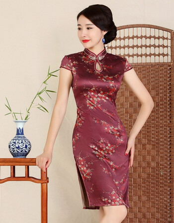 冬飘雪*2018新款丝绸旗袍中长款仿真丝改良时尚复古旗袍裙2752 紫红色
