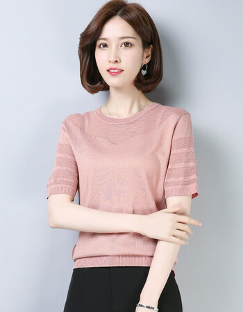 冰丝针织衫夏装2018新款t恤女短袖丅恤女装夏天上衣服体桖 皮粉 xl