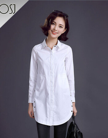 丹尼诗 新款春款女士白衬衣衬衫女韩版棉长袖中长款宽松版休闲纽扣