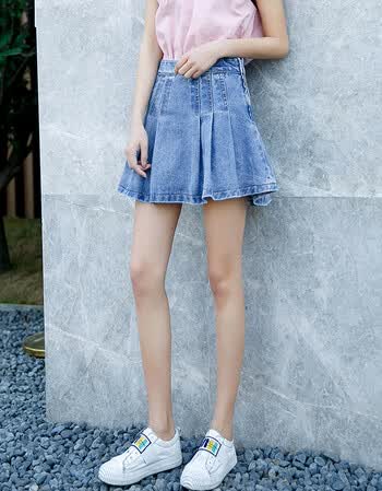 珂梵图ulzzang百褶牛仔裙夏季女2018新款韩版学生ins短裙高腰一步半身
