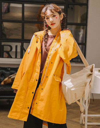 韩版复古橘黄中长款风衣女工装学院风大衣外套女 橘黄色 xs _加厚版