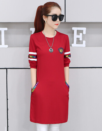 丅恤宽松打底衫秋季2017新款春女装土韩版中长款大款百搭上衣 红色