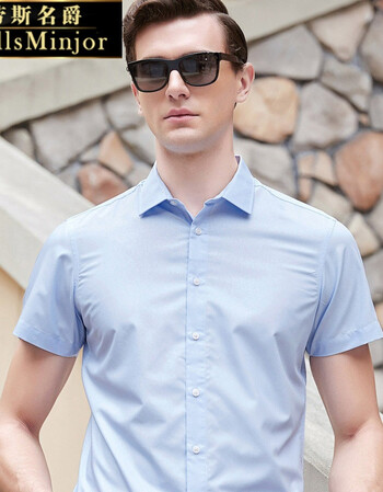 劳斯名爵轻奢品牌男装2018短袖衬衫方领修身时尚商务休闲衬衣 蓝色 m