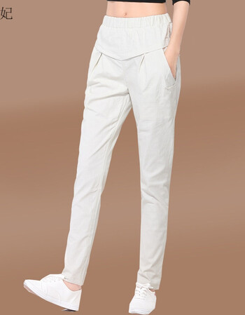 白裤子女2018春新款松紧带高腰哈伦裤九分宽松大码亚麻棉休闲长裤