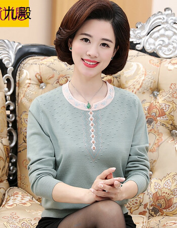 妈妈装秋装针织衫圆领长袖上衣40岁50中年女士打底衫中老年人女装