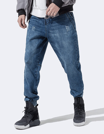 秋冬季新款牛仔裤男宽松休闲裤子男束脚裤潮流青年潮牌小脚裤 蓝色 m