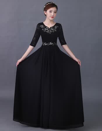 新款合唱服长裙演出服现代中老年合唱团大合唱服装演出礼服 宝蓝色 l