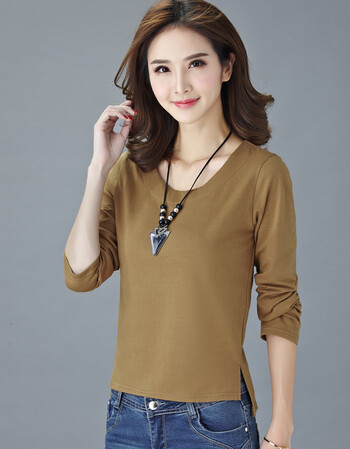 韩版秋装纯色纯棉大码长袖宽松打底衫短款修身学生t恤女 卡其色 l