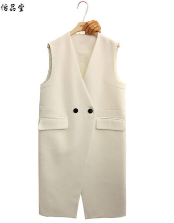 服饰218春秋新品韩版直筒中长款白色西装马甲女v领外套马夹 白色春秋