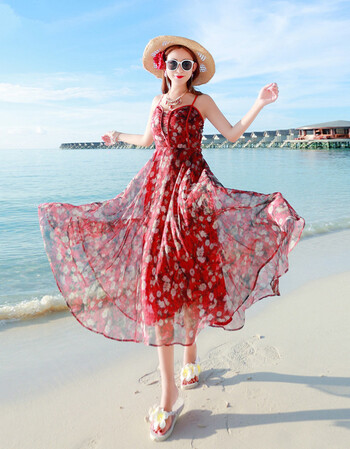 波西米亚雪纺印花沙滩裙海边雪纺连衣裙吊带长裙中长款 酒红色 m