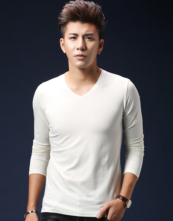 依岚傲雪莫代尔长袖t恤男士v领白色打底衫纯色春季衣服男秋衣春装上衣