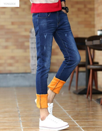 青少年牛仔裤男加绒牛仔男弹力修身小脚裤青少年男装黑色长裤 蓝色