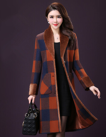 艾 以纯森2017冬装新款大码女装 修身显瘦中长款格纹羊毛呢大衣外套女