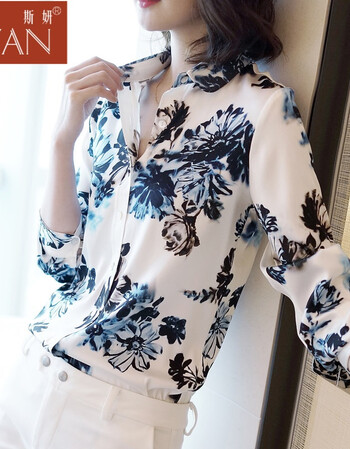 斯妍2018春夏新款女装真丝衬衫女长袖印花宽松大码桑蚕丝上衣真丝衬衣