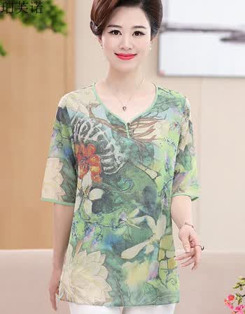 珀芙诺中老年真丝短袖t恤 妈妈装女装上衣夏季桑蚕丝印花奶奶夏装