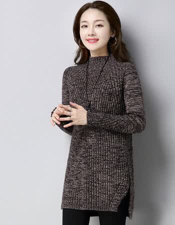 加厚毛衣女冬中长款开叉套头韩版修身高领针织保暖打底衫rm 咖啡色 m