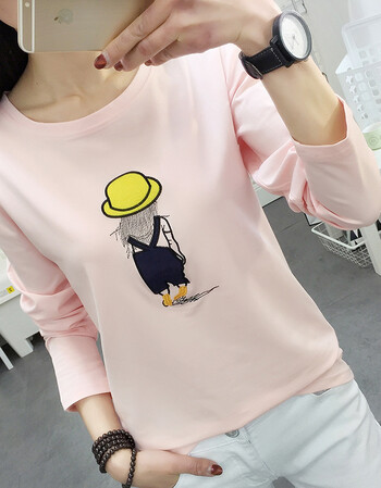 宽松显瘦时尚女士t恤韩范绣花长袖衣服秋季女生百搭上衣 粉色 xl