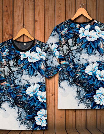 夏装潮男印花短袖t恤花卉花朵体恤圆领沙滩青年胖子半截袖大满花衣服