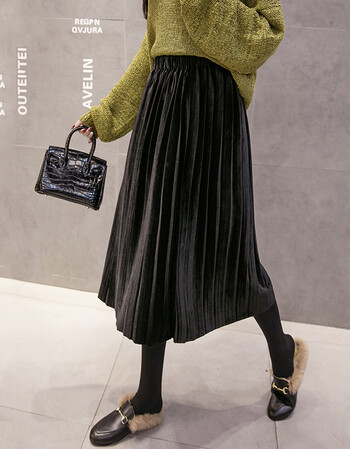 金丝绒百褶裙半身裙女秋冬中长款高腰金属色百搭显瘦a字裙长裙子 黑色