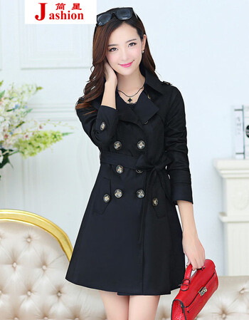 简星2016女春装新款 300924韩版简约优雅气质双排扣中长款风衣外套