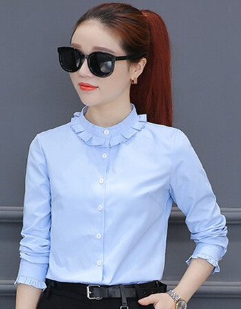 女长袖2017秋季新款女上衣韩范显瘦百搭打底棉质衬衣 蓝色【不加绒