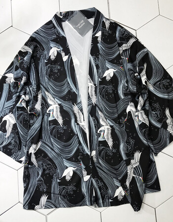 男装 夹克 南极人(nanjiren) 日系浮世绘仙鹤印花和服开衫男七分袖