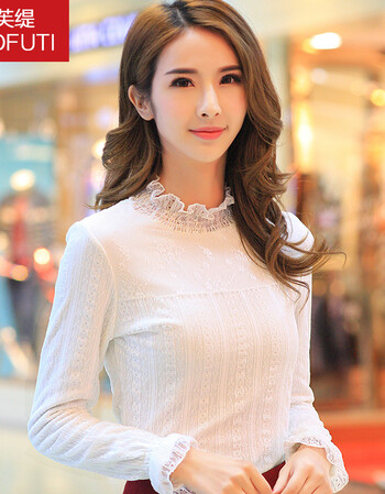 洛芙缇秋装蕾丝衫大码荷叶边立领钩花修身长袖打底衫cz2051 白色 xl