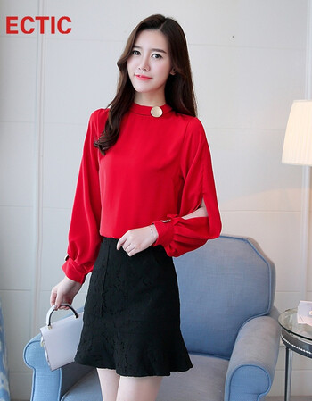 衫女长袖2018春季新款韩版宽松显瘦气质上衣打底衫灯笼袖小衫 红色