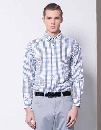 vskonne商场同款威斯康尼格纹衬衫透气休闲长袖衬衫男衬衣 701(蓝色)