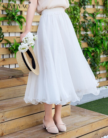 女装雪纺半身裙女夏季2018新款中长款高腰沙滩大摆超仙网纱裙子 白色