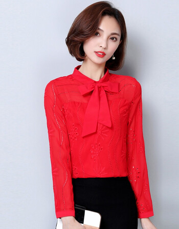 春装新款女雪纺衫长袖女士洋气小衫时尚韩版修身超仙甜美上衣 红色 m