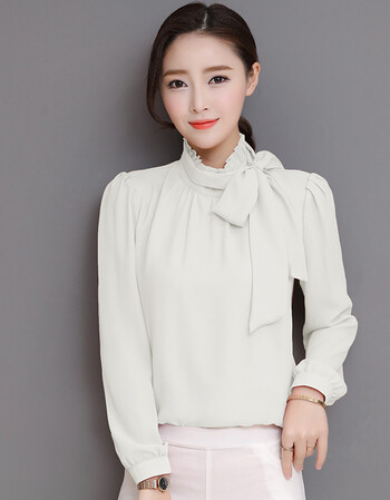 衫2018春夏新款韩版胖mm一衣多穿法长袖立领衬衫雪纺衫女8902 白色 s
