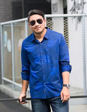 特大码男士长袖衬衫胖加肥加大宽松肥佬青流行全棉打底衫衬 深蓝色