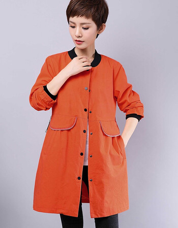 大码宽松风衣外套女 2018秋季新品纯棉圆领外衣中长款中年妈妈装 橘色