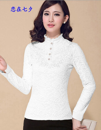 恋在七夕蕾丝衫女春装新款大码女装春季打底衫修身白色蕾丝上衣女长袖
