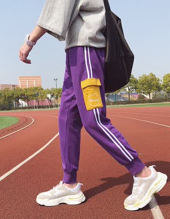 普戈斯春季 撞色大口袋学生情侣运动长裤休闲裤男港风 紫色 m