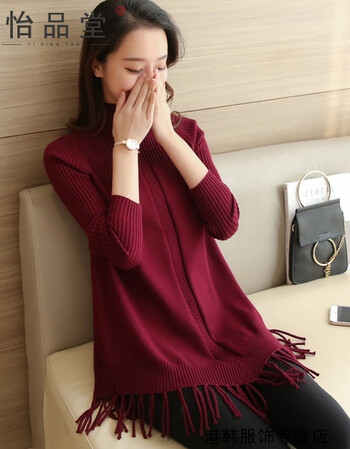 女秋冬季中长款韩版套头高领流苏宽松打底衫毛衣裙外套毛线衣 酒红色