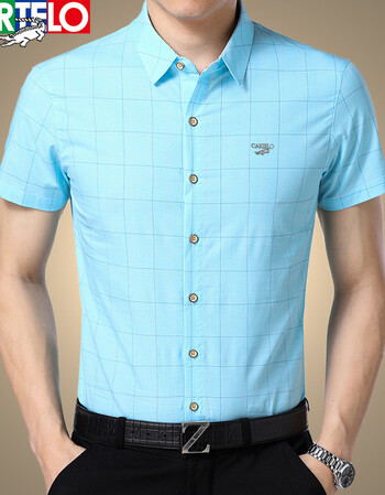 鳄鱼夏季新款中年纯棉衬衫男士宽松格子商务休闲衬衣大码潮 青色 185