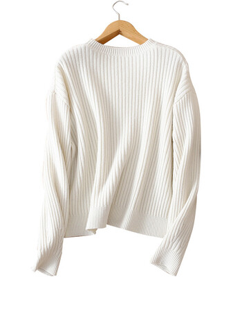 高端秋冬新款圆领宽松显瘦羊绒衫女打底羊毛衫加厚套头短款毛衣 白色