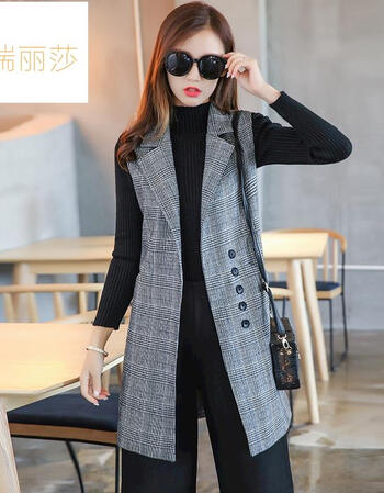 jerrylisa*2017秋冬季新款韩范修身显瘦百搭中长款西装马甲女 灰色格