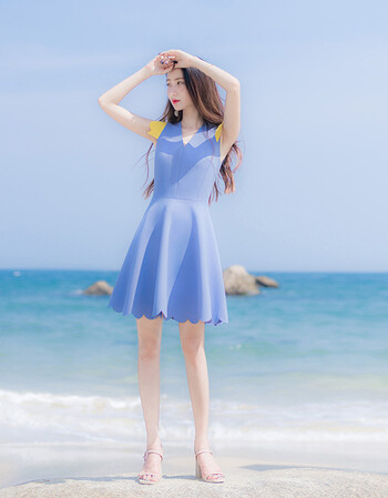 2018夏季新款韩版修身显瘦无袖领气质名媛荷叶边连衣裙短裙裙子 蓝色