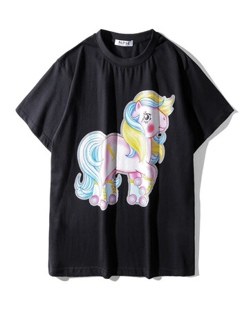 2018早春新款潮牌角兽短袖打底衫小马宝莉情侣装宽松t恤女 独角兽黑色