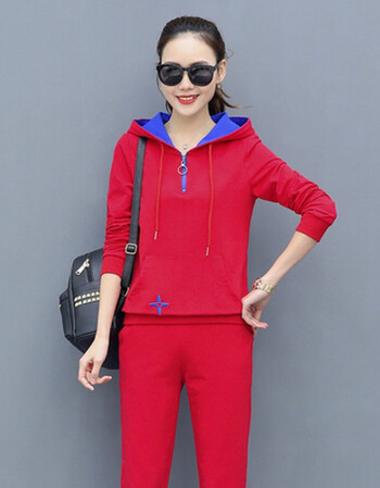 运动休闲套装春季新款女装刺绣长袖连帽卫衣跑步运动服园服潮 大红色