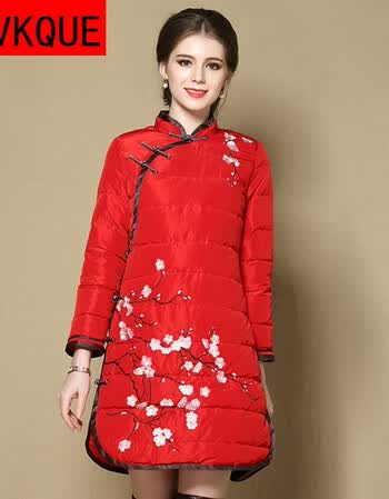 风梅花刺绣新年女装唐装女盘扣改良旗袍连衣裙白鸭绒羽绒服女cc 红色