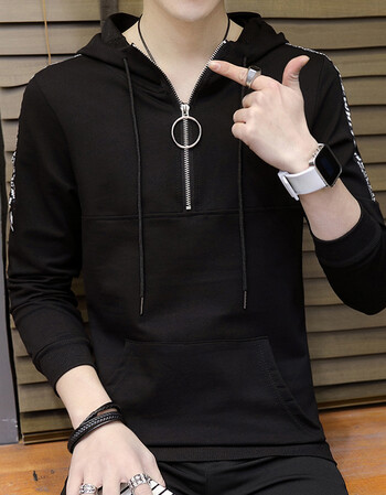 外套男2018春季男士长袖t恤连帽打底衫男装上衣服薄款秋衣男卫衣 黑色