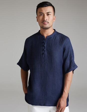 2018年新款文墨 亚麻唐装男士短袖中式圆领休闲t恤薄款 深蓝色 l