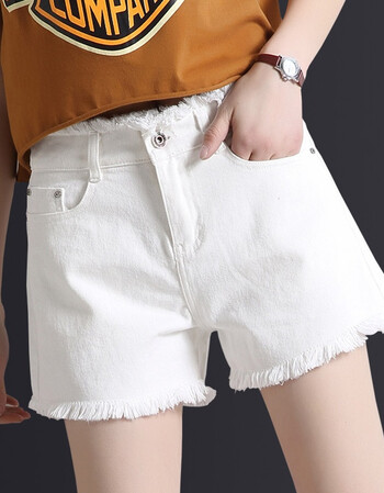 白色牛仔短裤女夏季高腰a字毛边大码显瘦宽松阔腿学生休闲热裤潮 白色