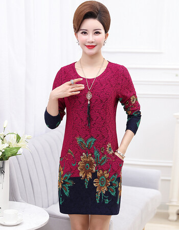 玥鹰 中老年女装春装连衣裙妈妈春秋打底衫中长款40-50岁长袖春装裙子